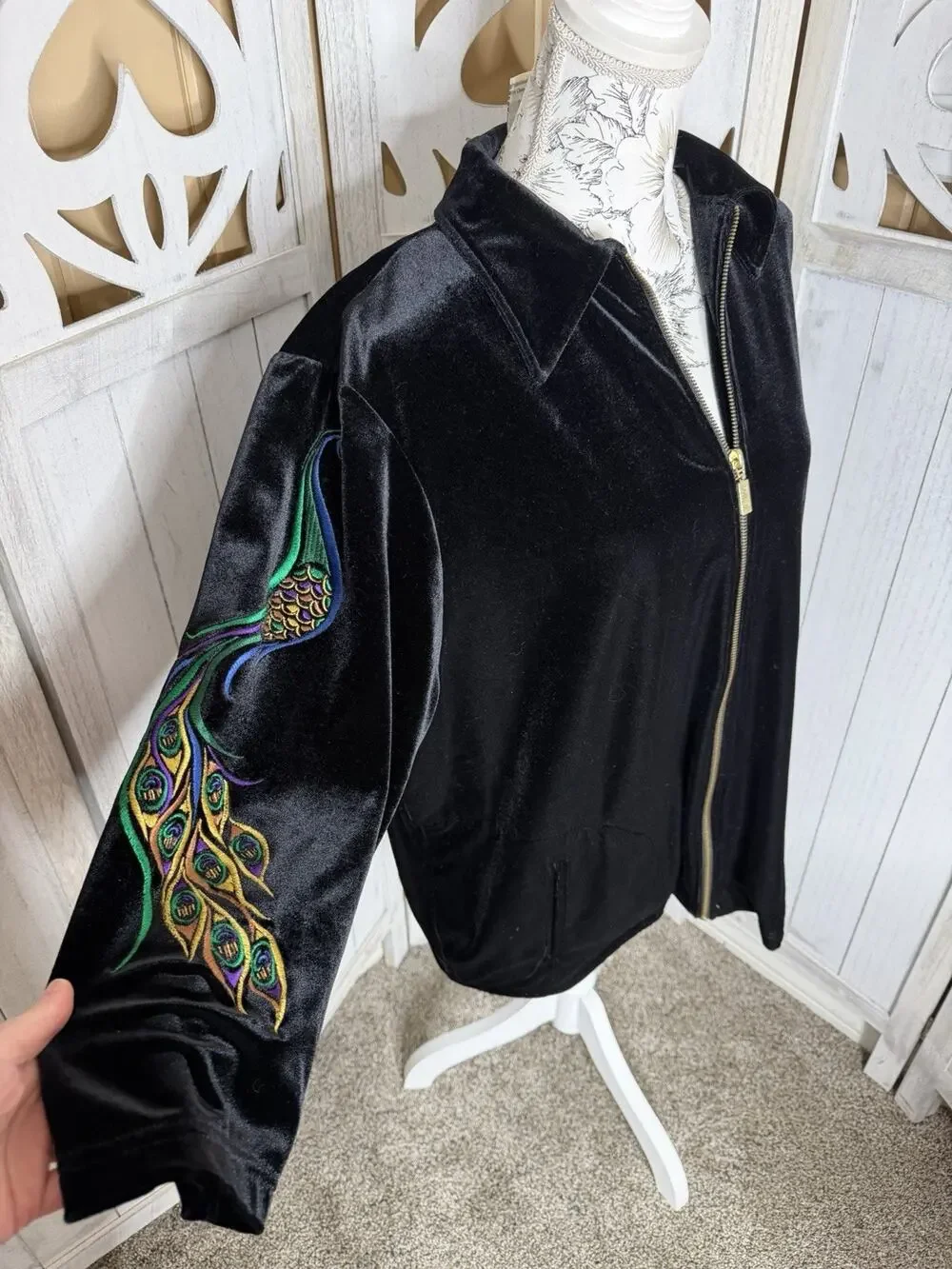 Bob Mackie Peacock Embroidered Wearable Art Velvet Full Zip Jacket Womens 1X
